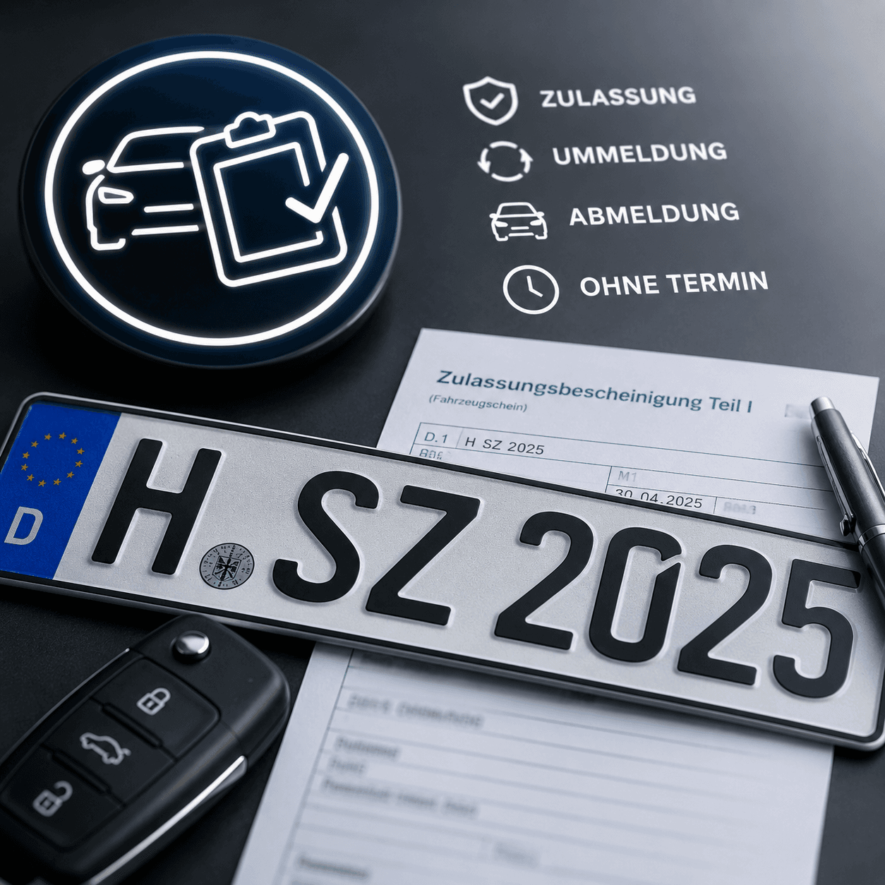 Kennzeichen, Zulassungsbescheinigung und Fahrzeugschlüssel